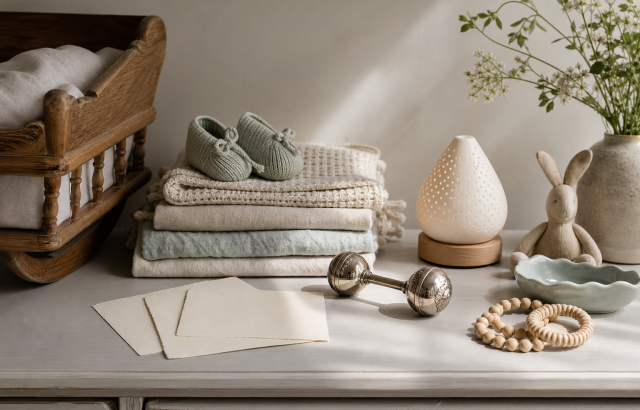 A softly lit nursery shelf with classic and modern baby objects arranged beside blank cards.