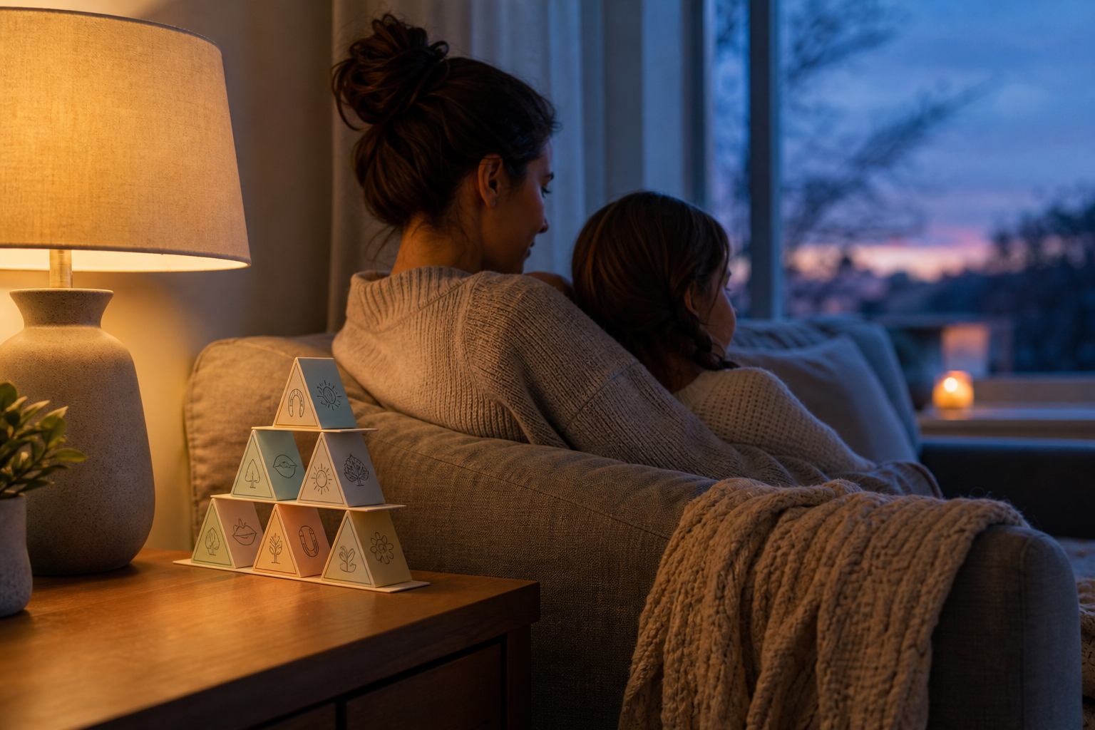 A parent and child sit quietly near a side table with a pyramid of playing cards under warm lamplight.