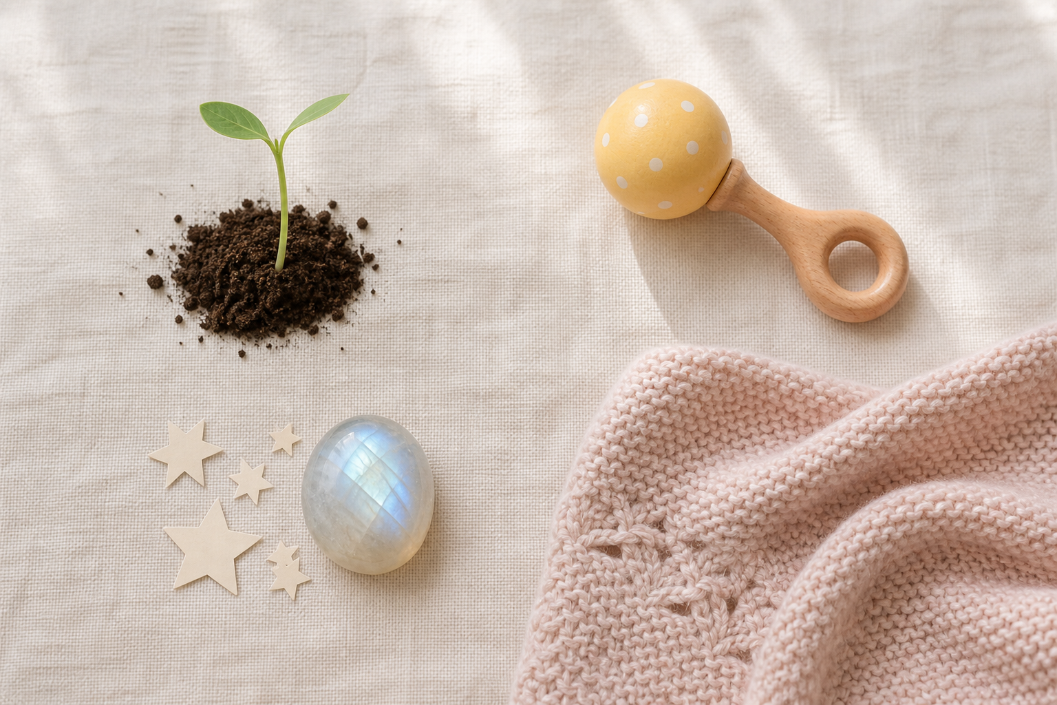 A flat lay of a seedling, baby rattle, moonstone with paper stars, and knitted blanket arranged on pale linen.