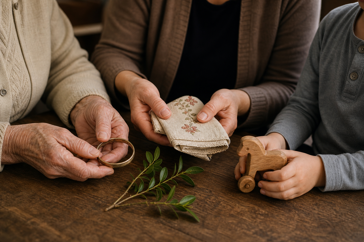 Several generations of hands gather around heirlooms, cloth, a wooden toy, and greenery on a table.