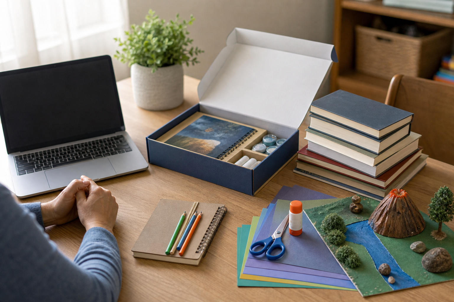 A parent compares homeschool learning options on a desk with books, supplies, a laptop, and a child project nearby.