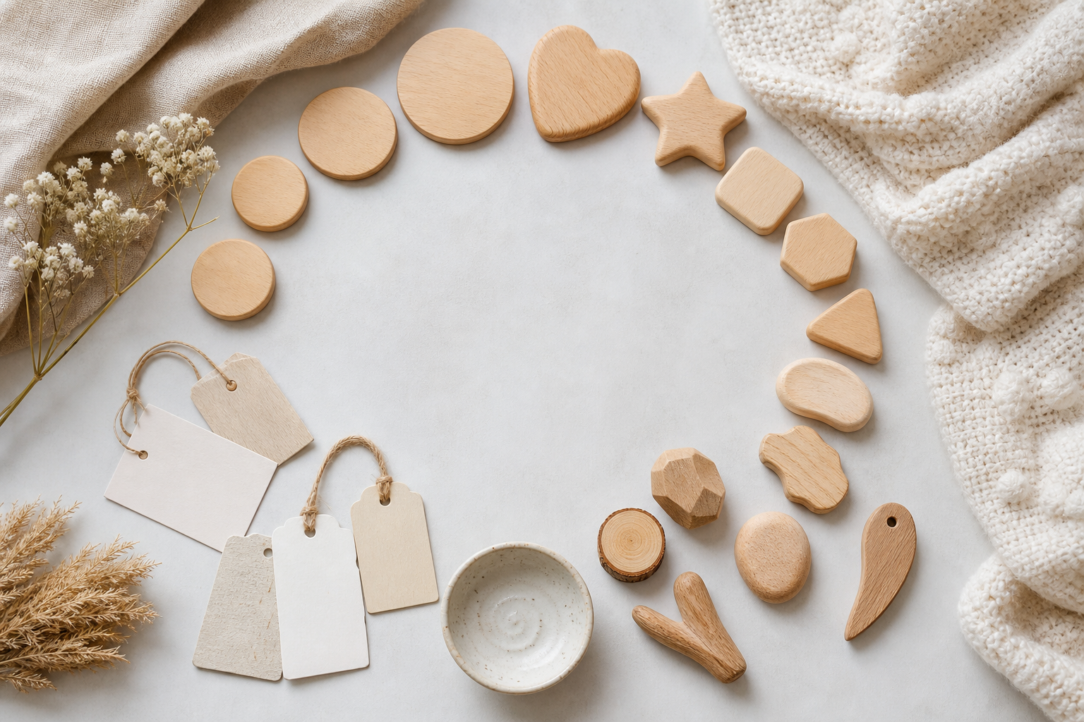 Blank wooden tokens and keepsakes arranged in a circular gradient on soft nursery fabrics.