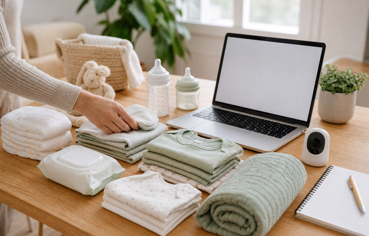 A parent organizes baby essentials such as diapers, clothing, bottles, wipes, and a blanket on a bright table beside a laptop.