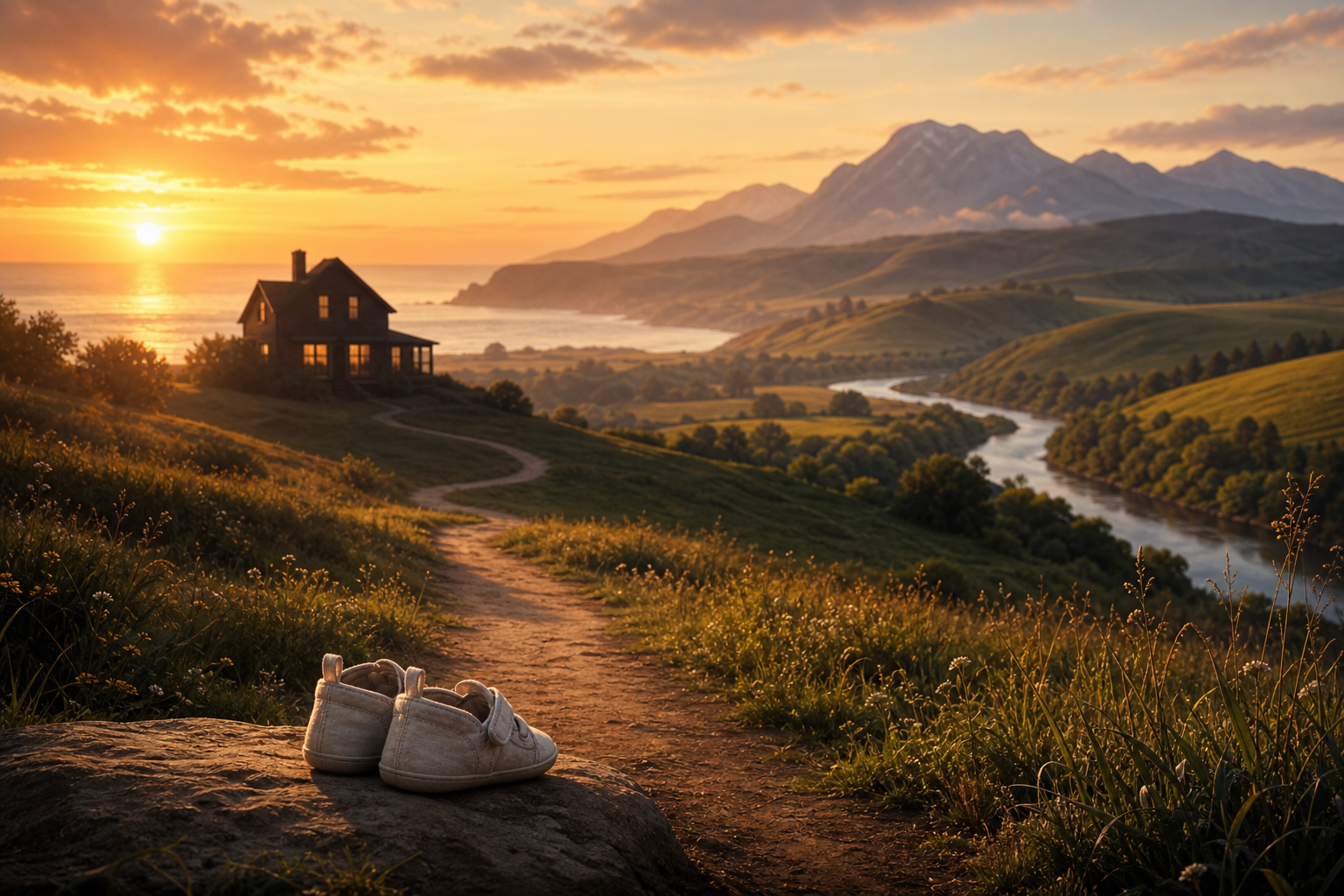 A pair of baby shoes rests beside a path leading from a home toward coast, hills, river, and mountains.