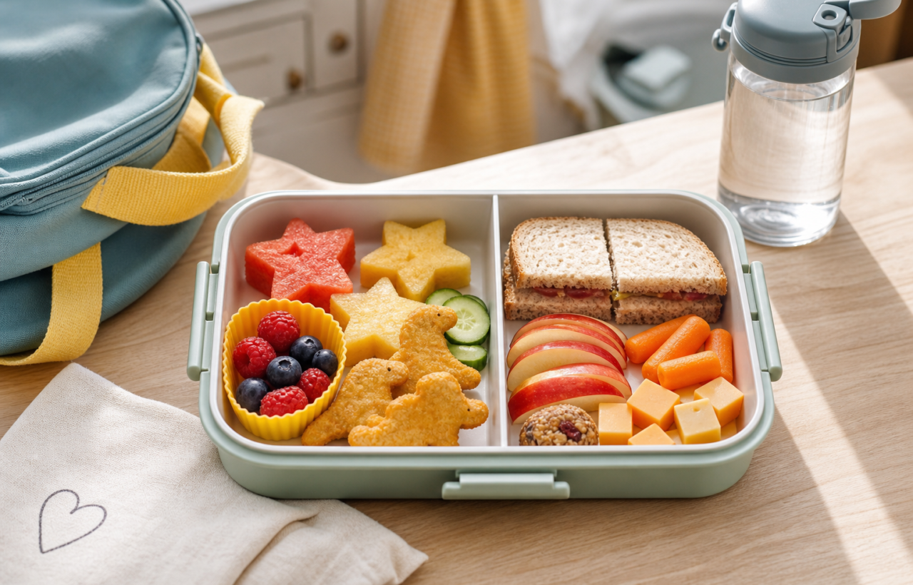 Open school lunch box with star-shaped fruit, sandwich, berries, carrots, cheese, and a heart napkin on a kitchen counter.