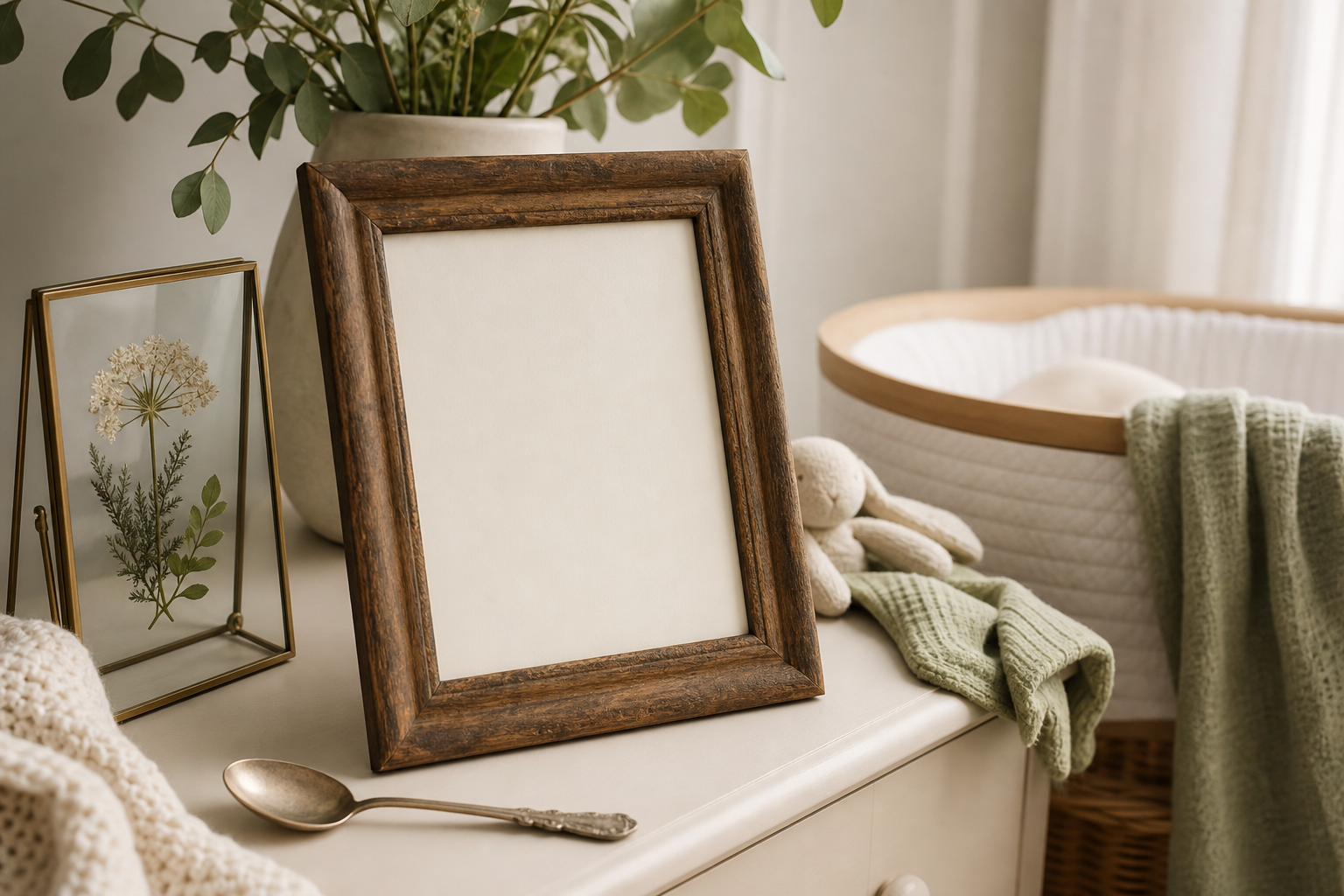 Vintage baby keepsakes and modern nursery details arranged together in soft light.