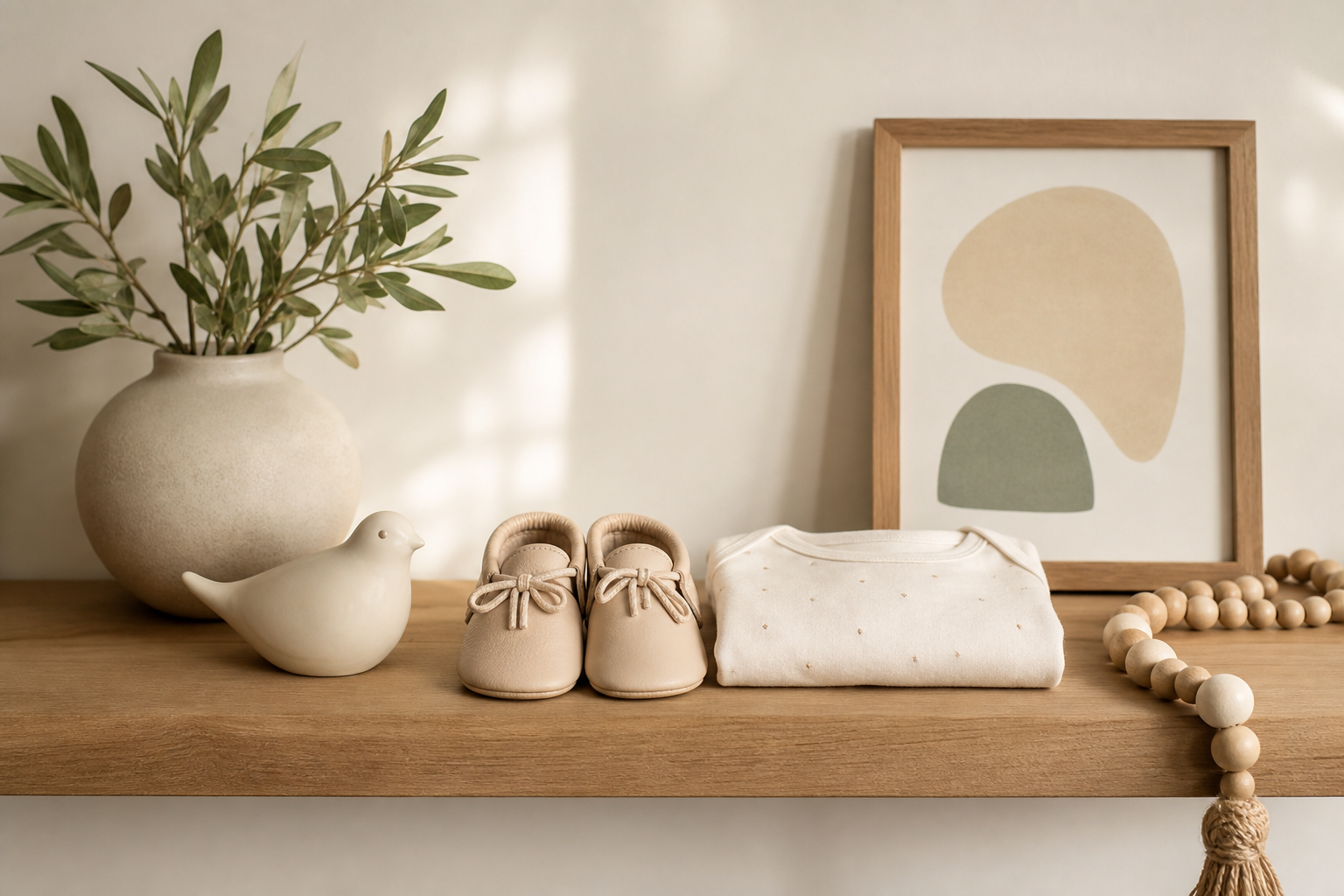 A nursery shelf with baby shoes, a ceramic bird, folded clothing, wooden beads, and a simple abstract frame.