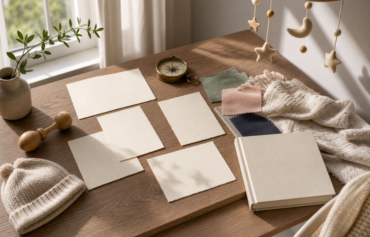 A nursery desk with blank name cards, baby items, fabric swatches, a compass, a closed book, and soft morning light.