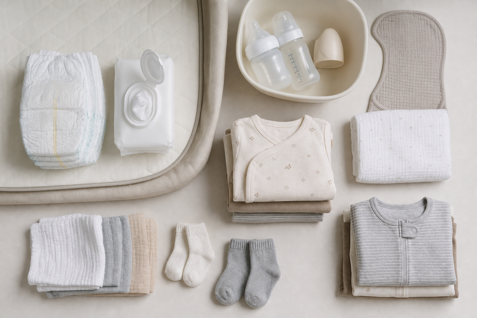 Everyday baby supplies are arranged in groups, including diapers, wipes, bottles, sleepers, burp cloths, and washcloths.