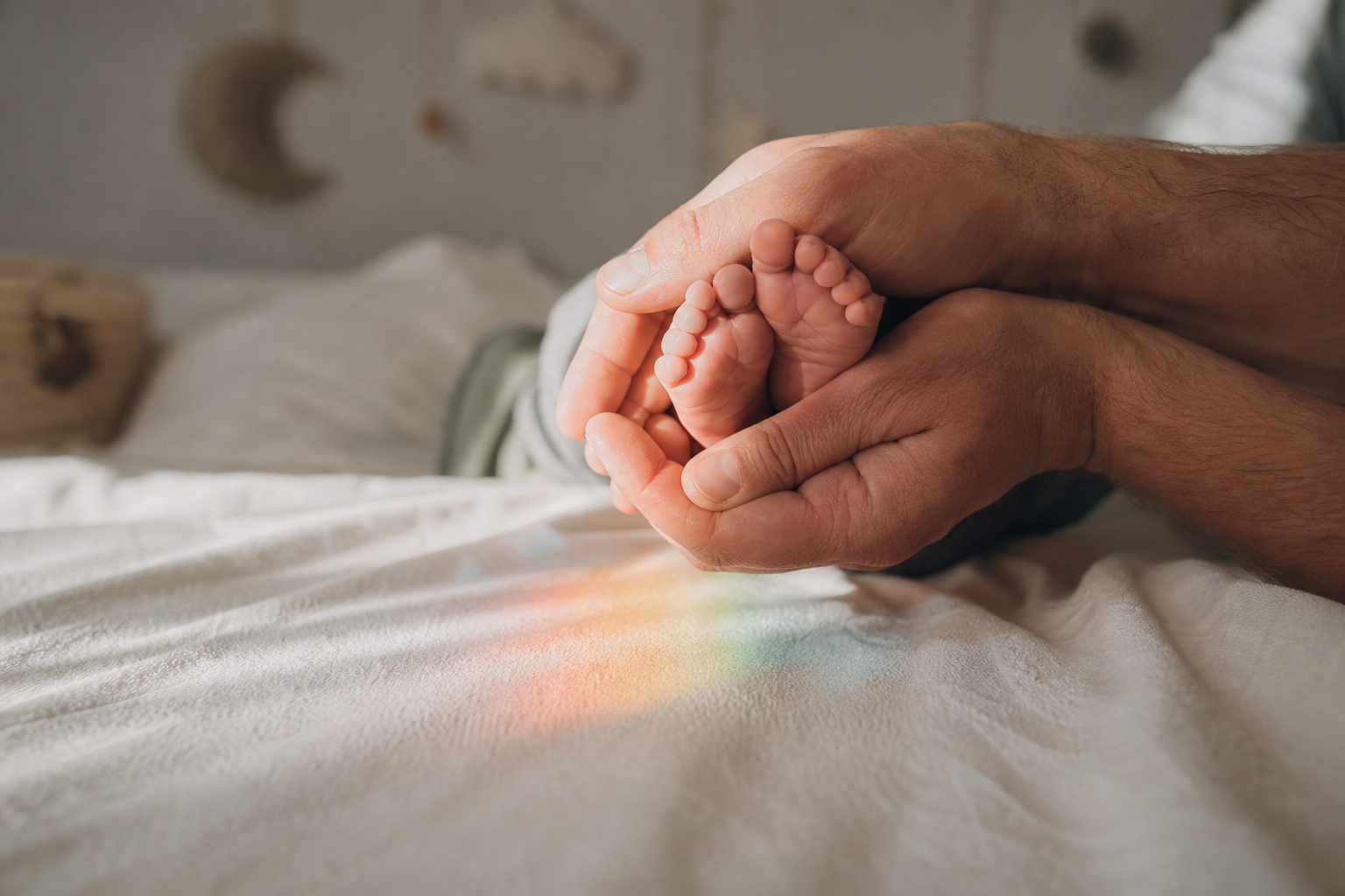 Adult hands hold a baby's feet on a blanket with a soft rainbow prism and blurred celestial decor in the background.