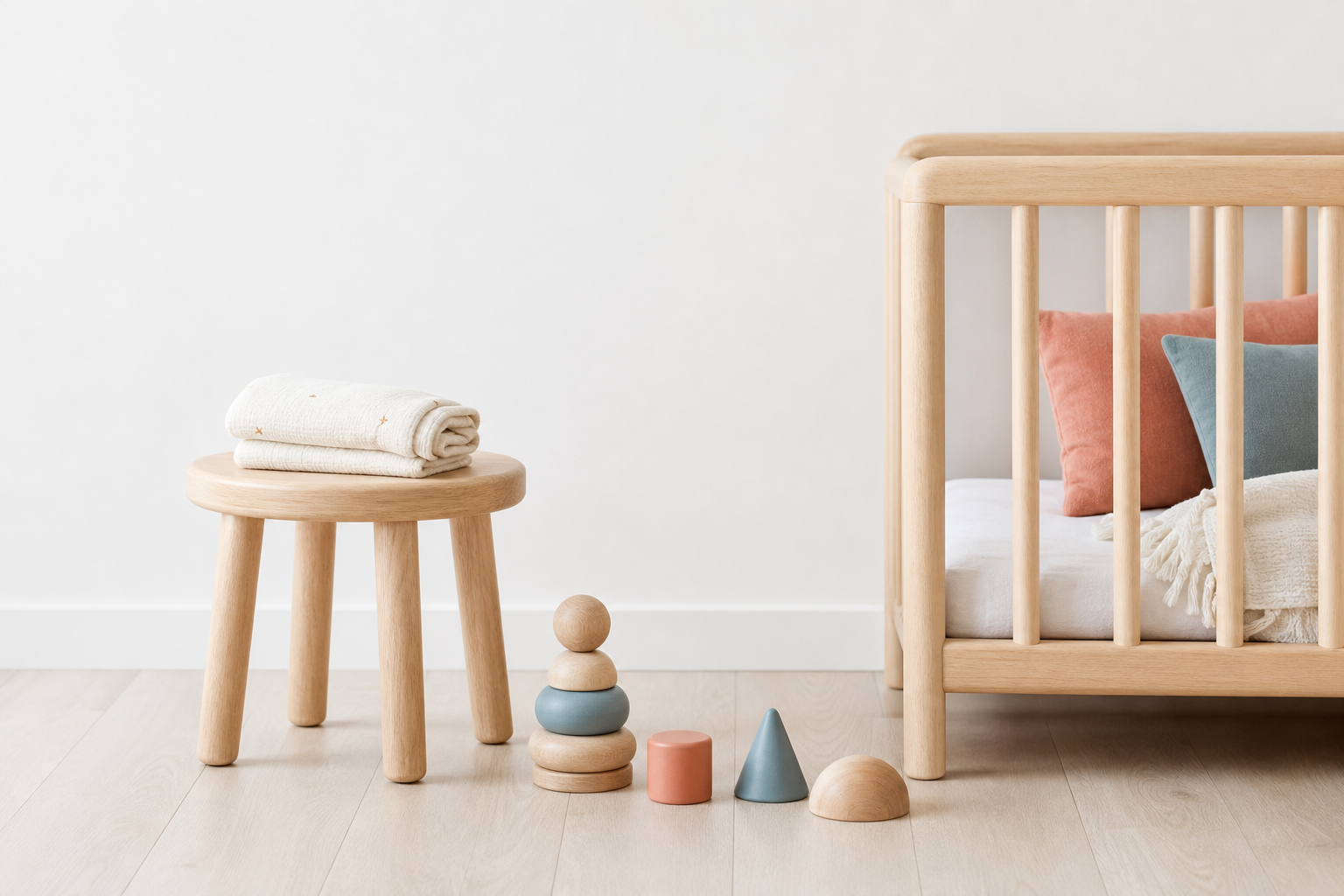 A minimalist nursery scene with small simple objects arranged with open space.