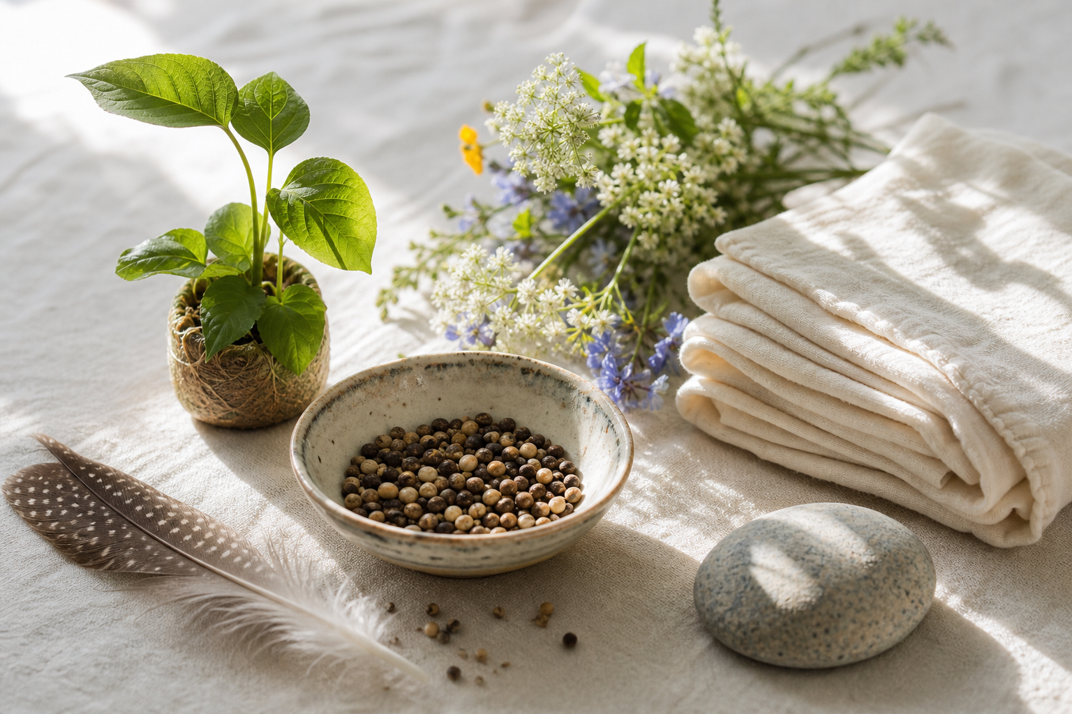Seeds, a young plant, wildflowers, a feather, a stone, and a folded baby cloth arranged in morning light.