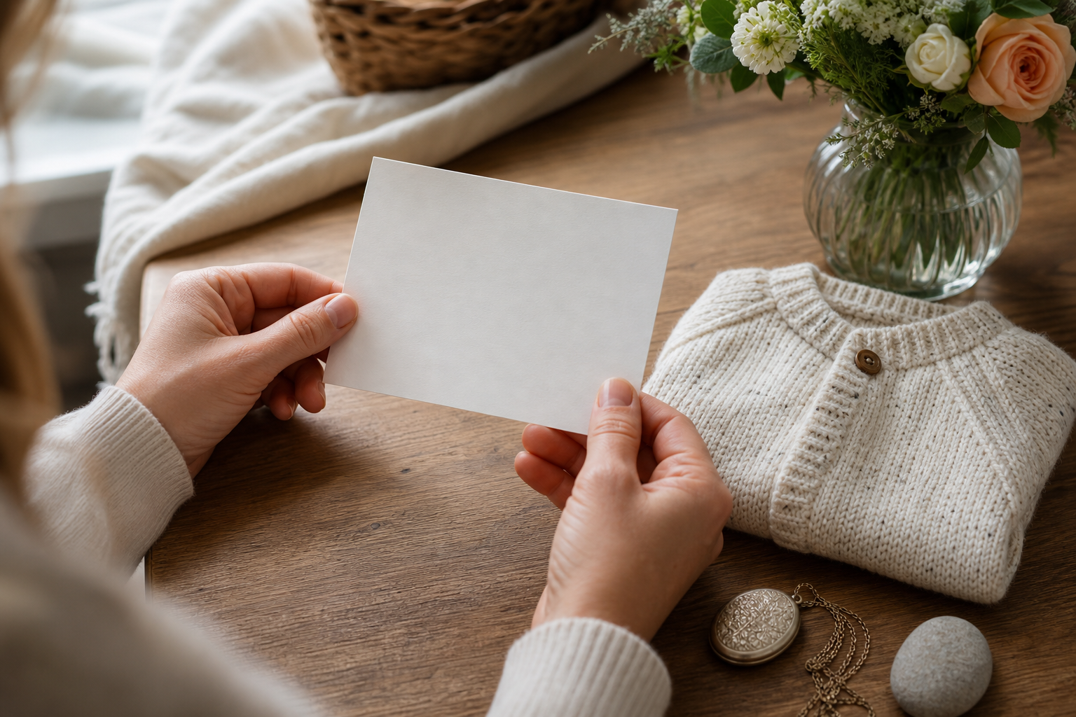 Hands hold a blank card near a baby sweater, locket, stone, and flowers on a wooden table.