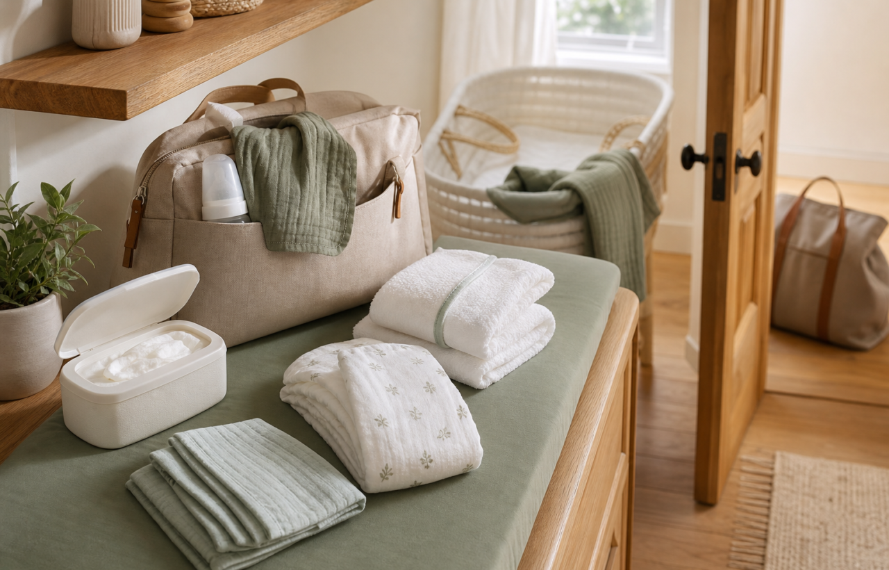 Organized nursery setup with diapers, wipes, folded cloths, a diaper bag, and a bassinet in soft morning light.