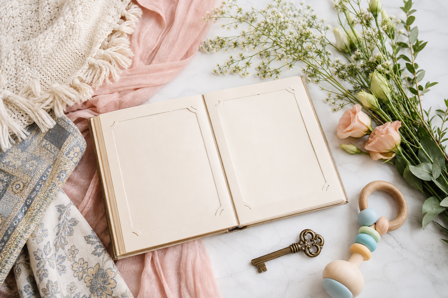 A blank family album, baby rattle, old key, flowers, and patterned textiles arranged on a table.