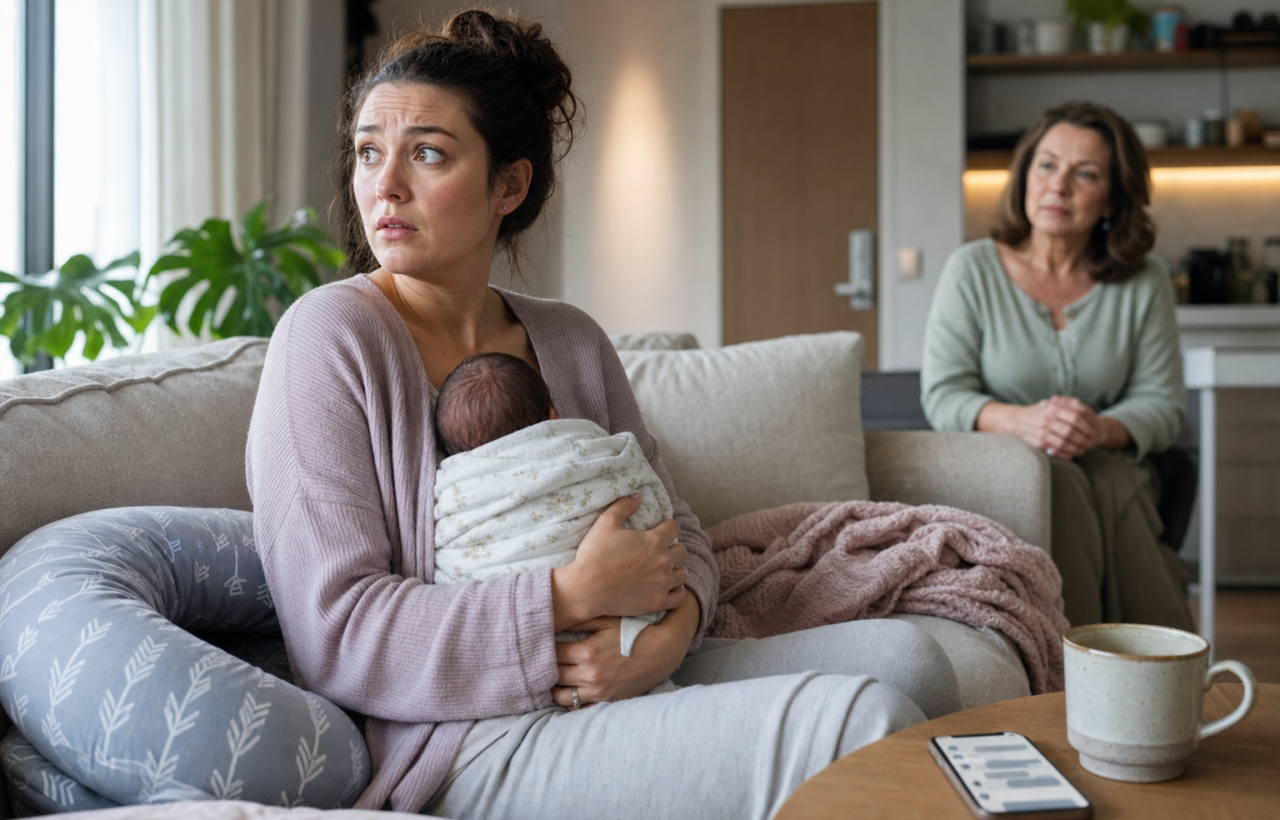 New mother holding a swaddled newborn while an older woman sits nearby in a quiet home.