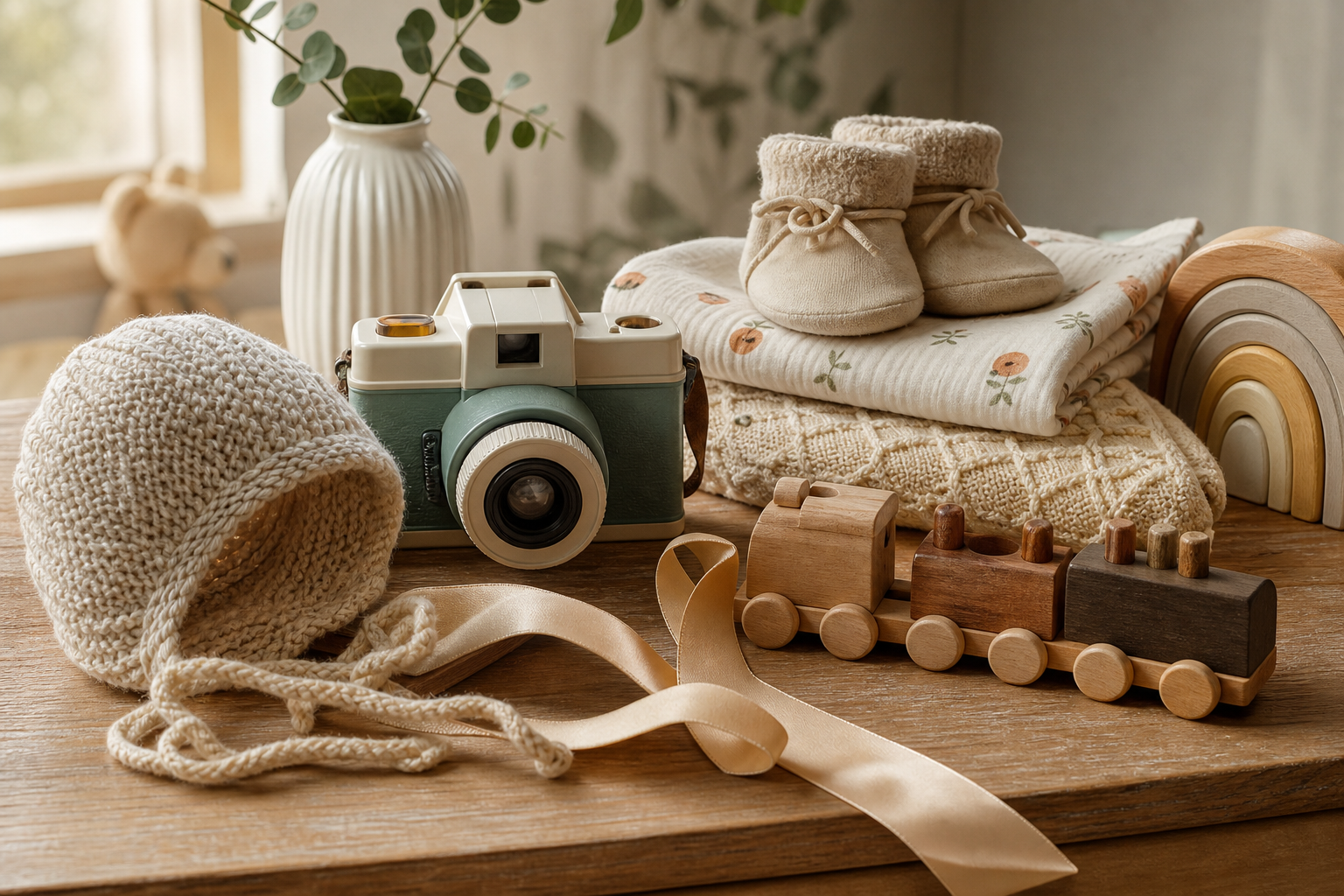 Baby keepsakes from different eras arranged together on a warm tabletop.