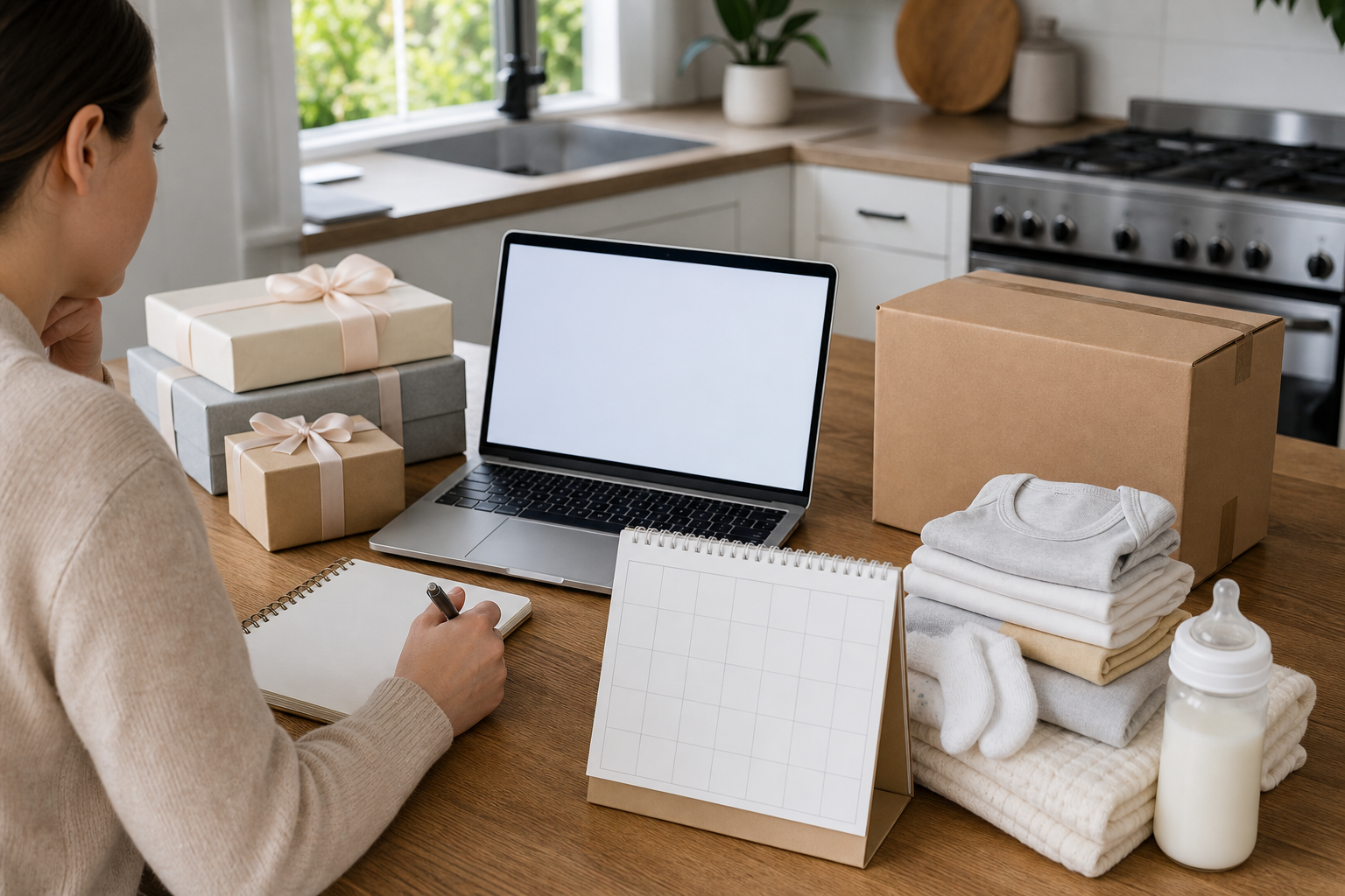 A parent compares baby registry options at a table with a laptop, gift boxes, a calendar, a return package, and baby items.