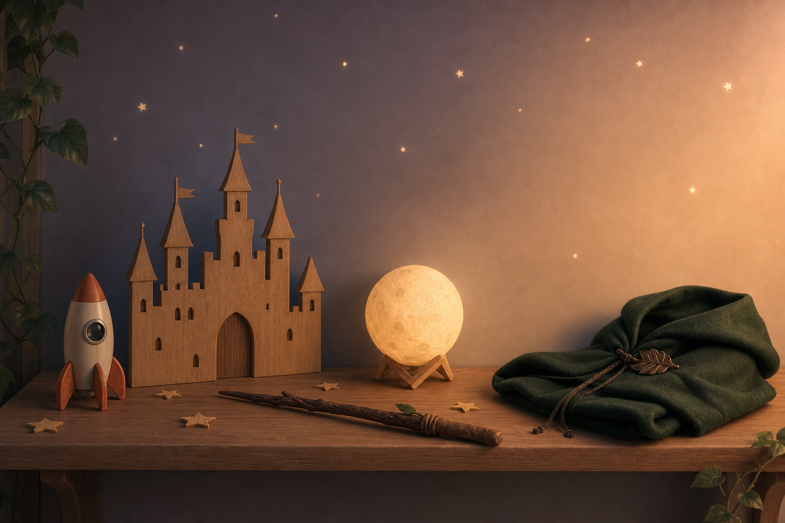 A nursery shelf holds a wooden castle, toy rocket, moon lamp, twig wand, folded green fabric, and star decorations.