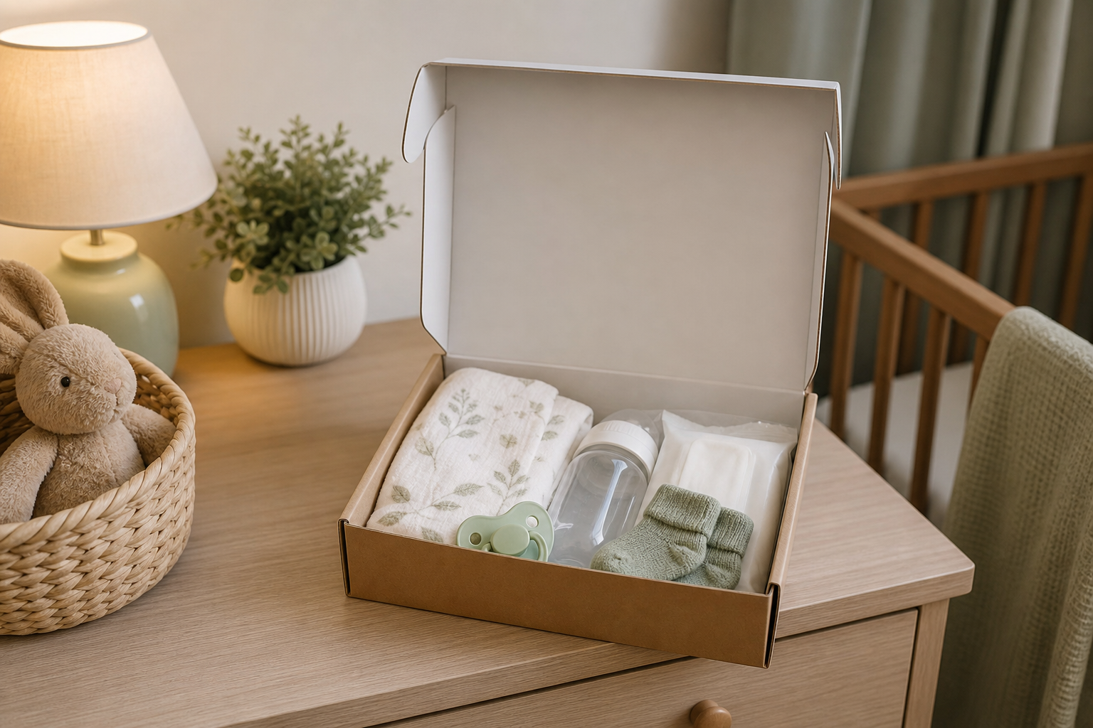 An open unbranded welcome box on a nursery dresser contains small baby care items, socks, a bottle, wipes, and a blanket.