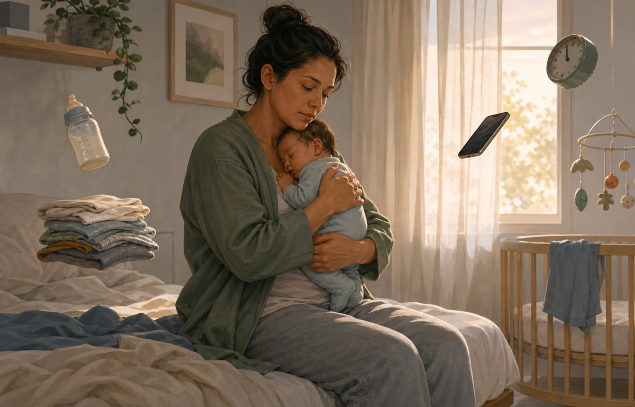 A tired new mother sits on a bed at dawn holding a sleeping baby, with caregiving items around her suggesting mental load.