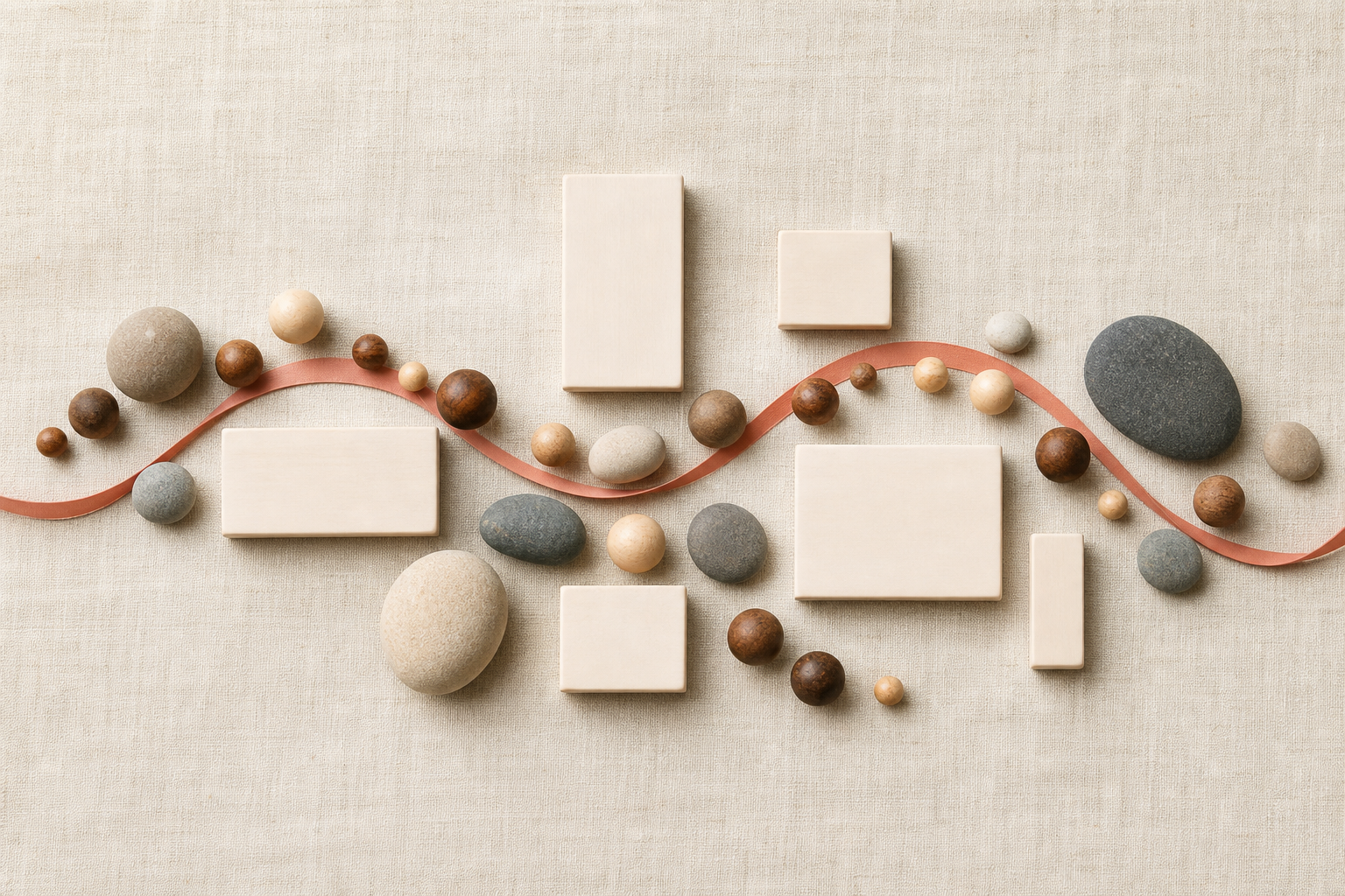 Wooden beads, pebbles, and blank tiles of different sizes form a wave pattern on pale linen.