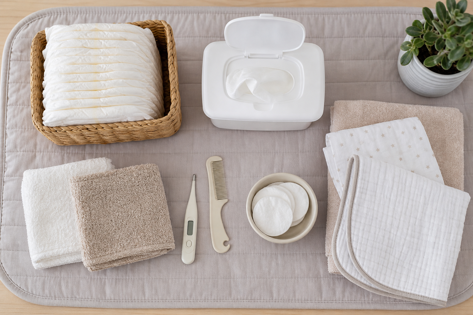 Overhead view of newborn care supplies arranged on a changing mat, including diapers, wipes, cloths, and grooming items.