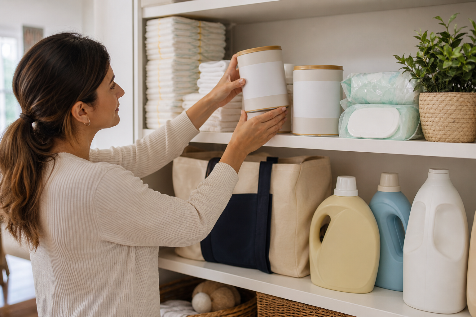 A parent restocks a pantry shelf with diapers, wipes, feeding supplies, laundry items, and a reusable shopping tote.