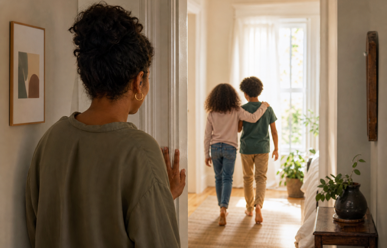 A mother watches two children walk together into a sunlit room from a quiet hallway.