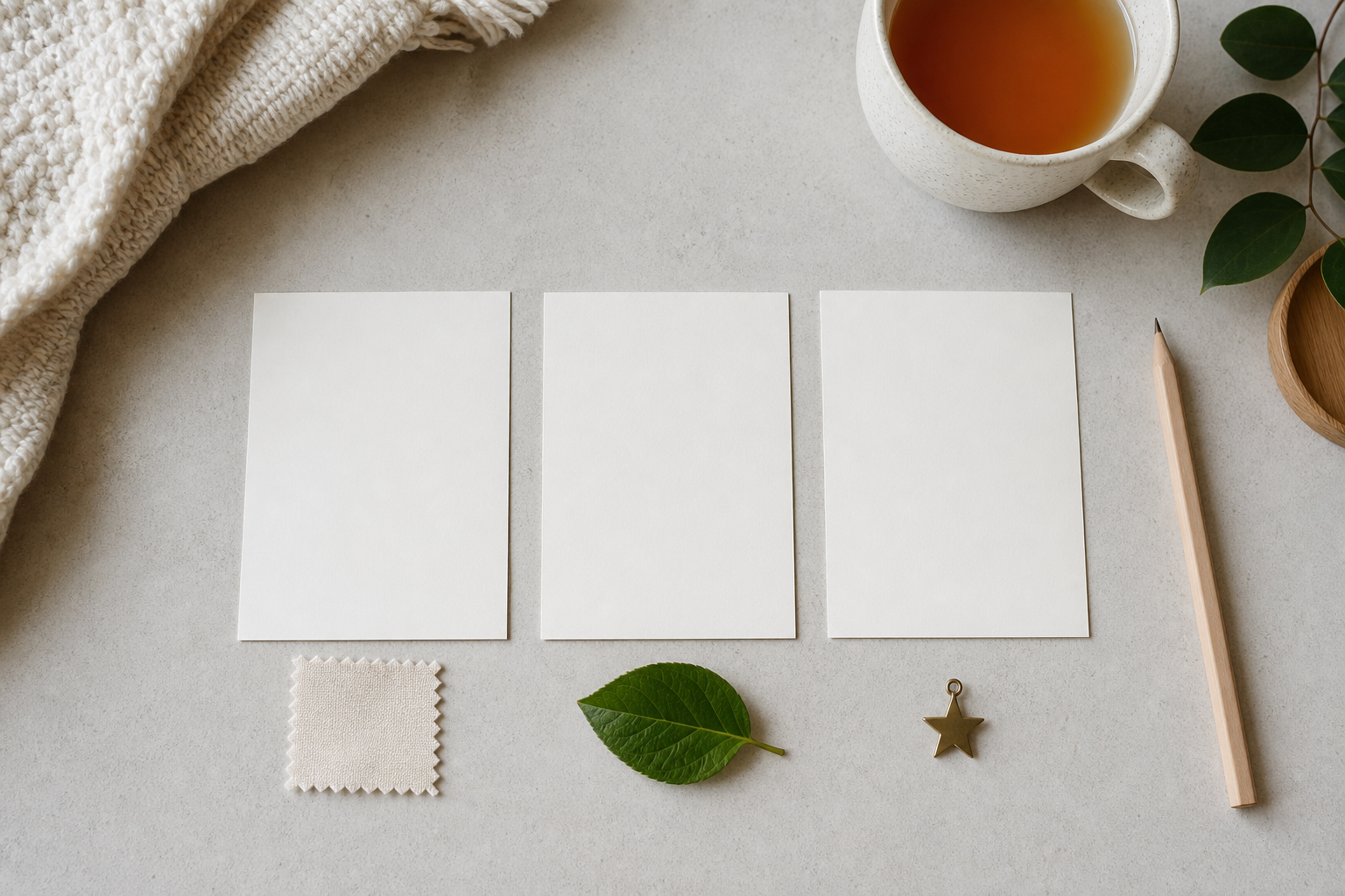 Three blank cards are arranged on a table with a fabric swatch, leaf, star charm, pencil, and cup of tea.