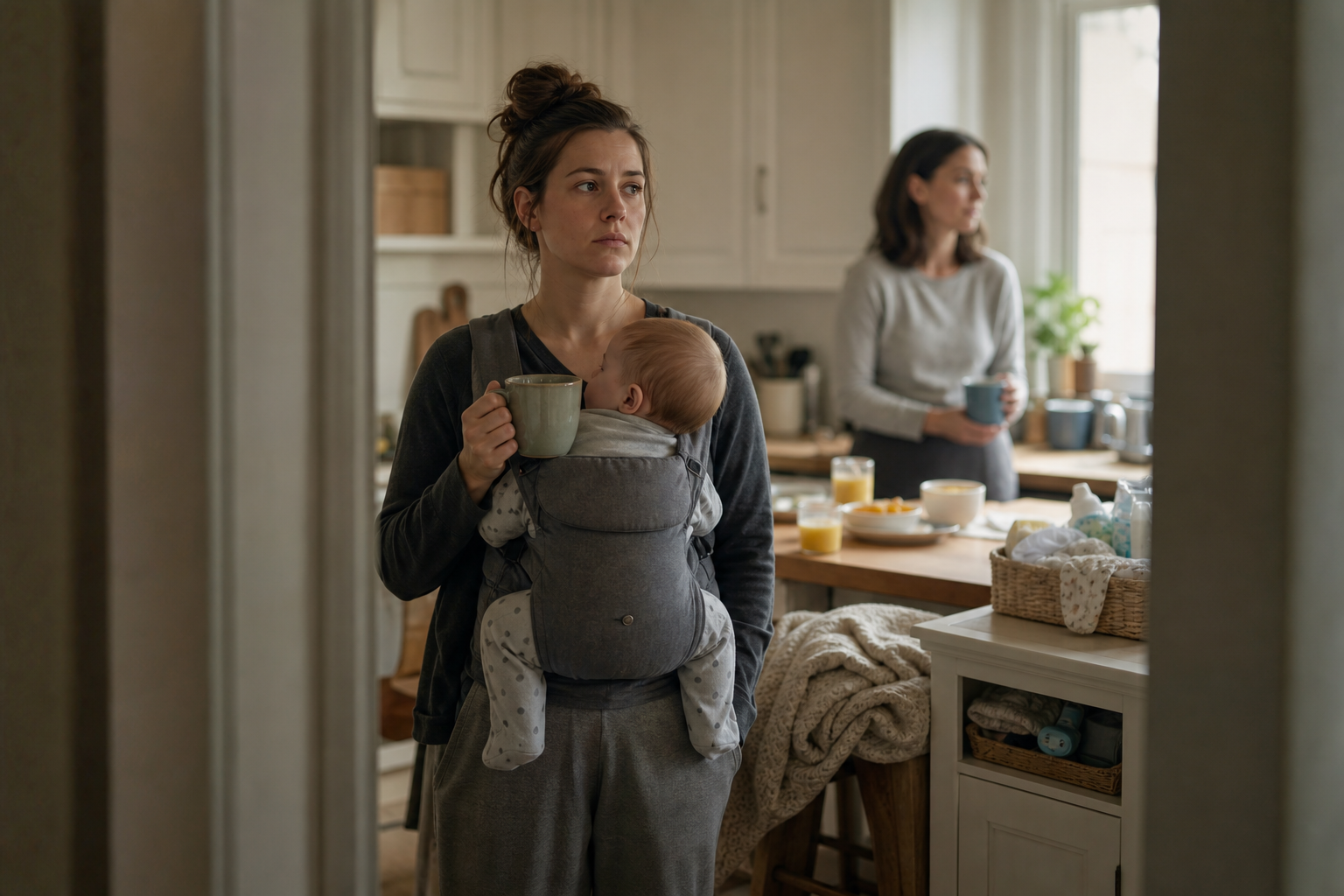 A mother with a baby carrier stands in a kitchen looking tense while another person in the background does not notice.
