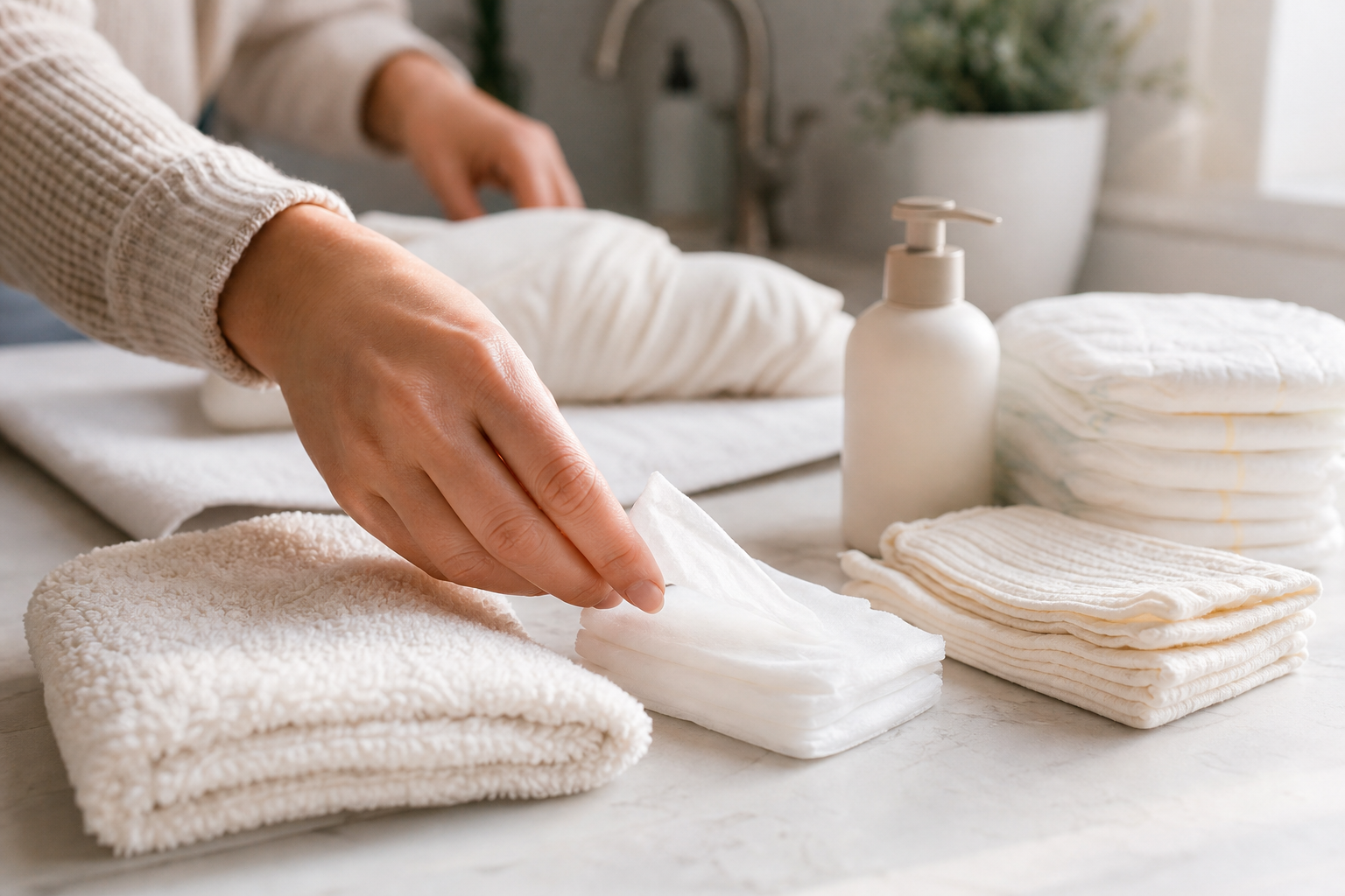 Close-up of gentle infant care supplies with wipes, diapers, towels, and a caregiver's hands near a changing surface.