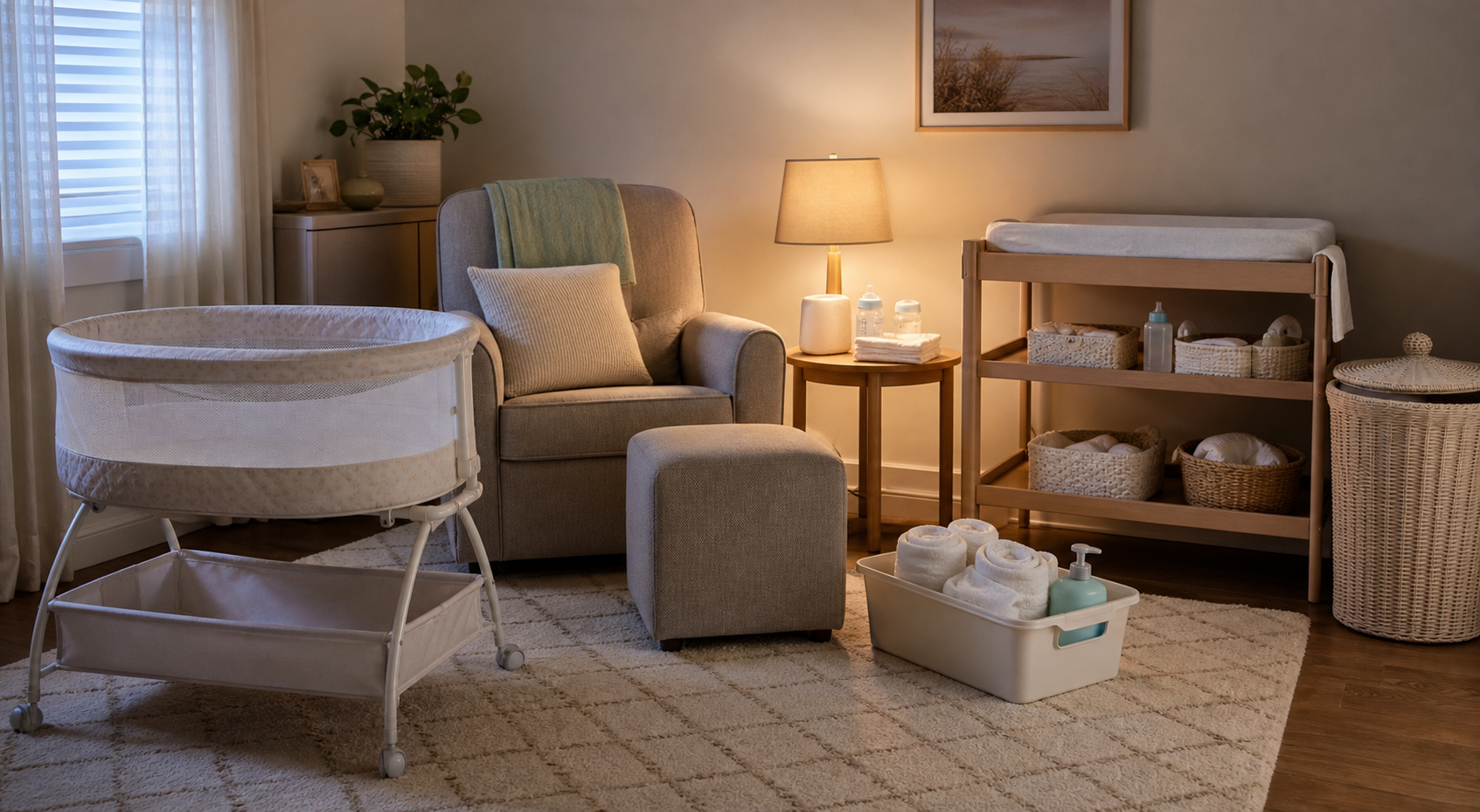 Nursery and home care setup with a bassinet, feeding chair, bathing supplies, hamper, and changing station.