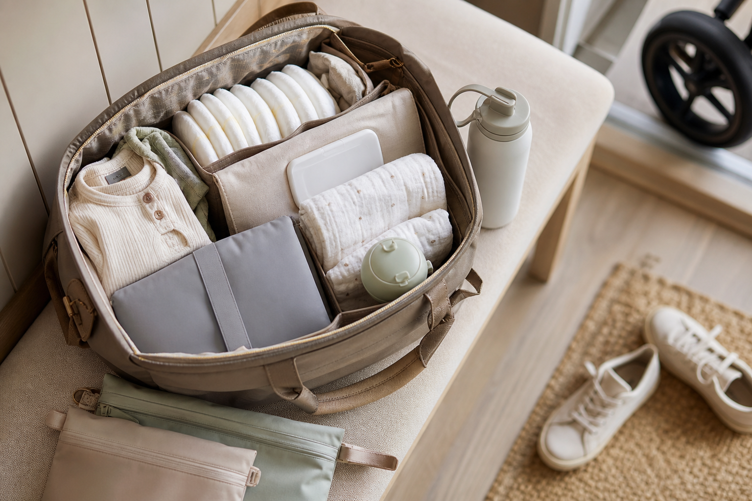 Open diaper bag packed with diapers, wipes, baby clothes, cloths, a changing pad, blanket, and small pouches for an outing.