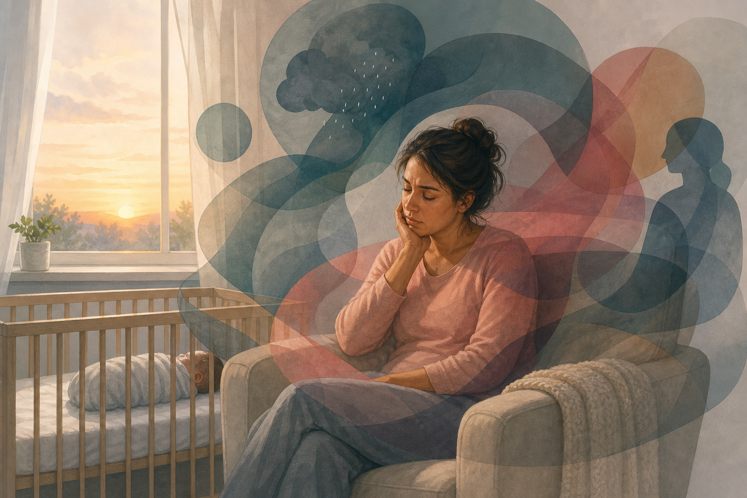 A mother sits beside a crib surrounded by overlapping translucent shapes that suggest mixed emotions and fatigue.