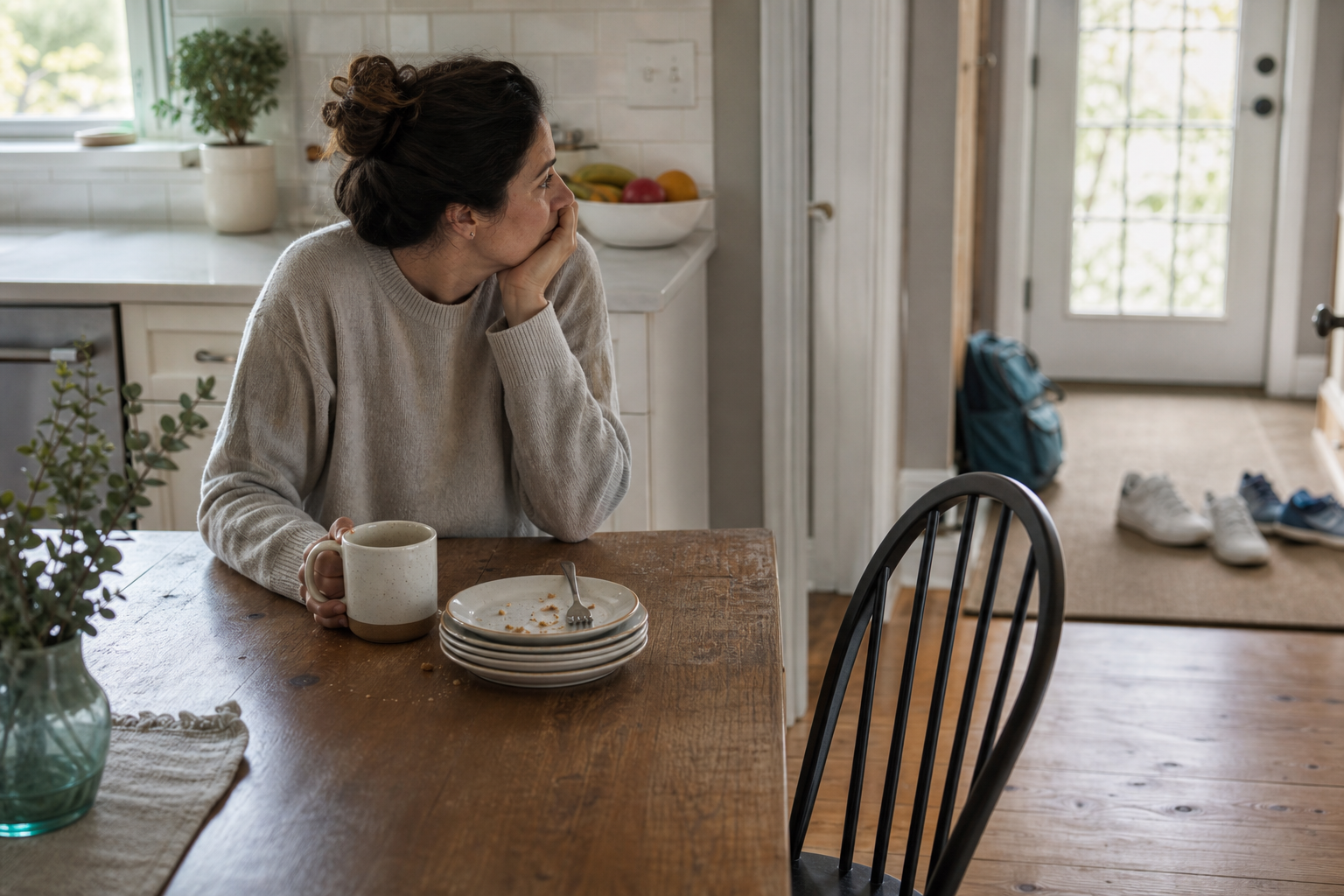 A mother sits alone at a kitchen table after children have left, with dishes and an empty chair nearby.