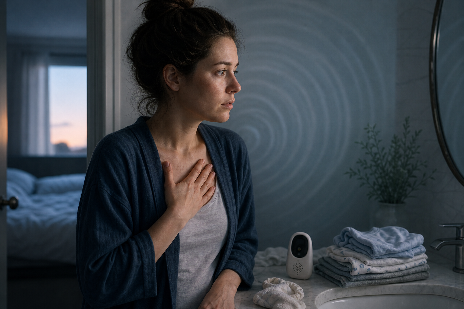 A mother stands in early morning light with one hand on her chest near baby clothes and a baby monitor.