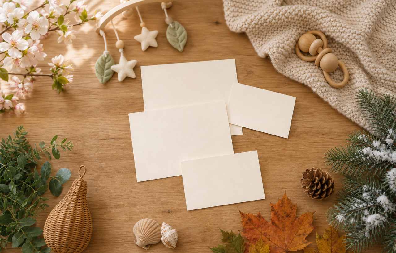 A nursery desk with blank name cards, a baby blanket, and seasonal flowers, leaves, and pine arranged around them.