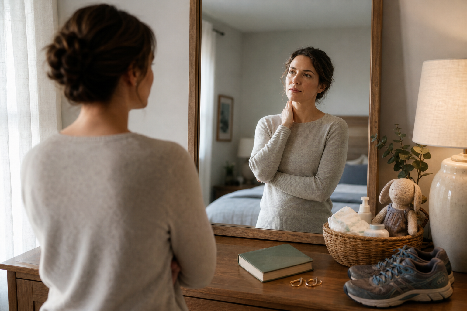 A mother looks into a bedroom mirror beside caregiving items and personal belongings.