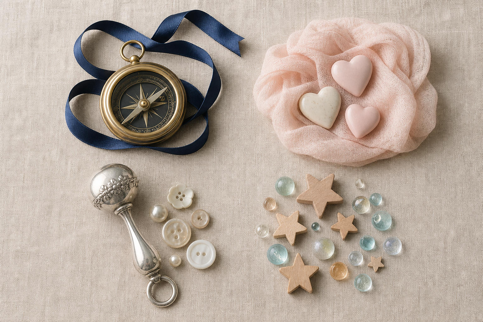 Four groups of nursery objects arranged on linen to suggest bold, sweet, timeless, and whimsical naming styles.