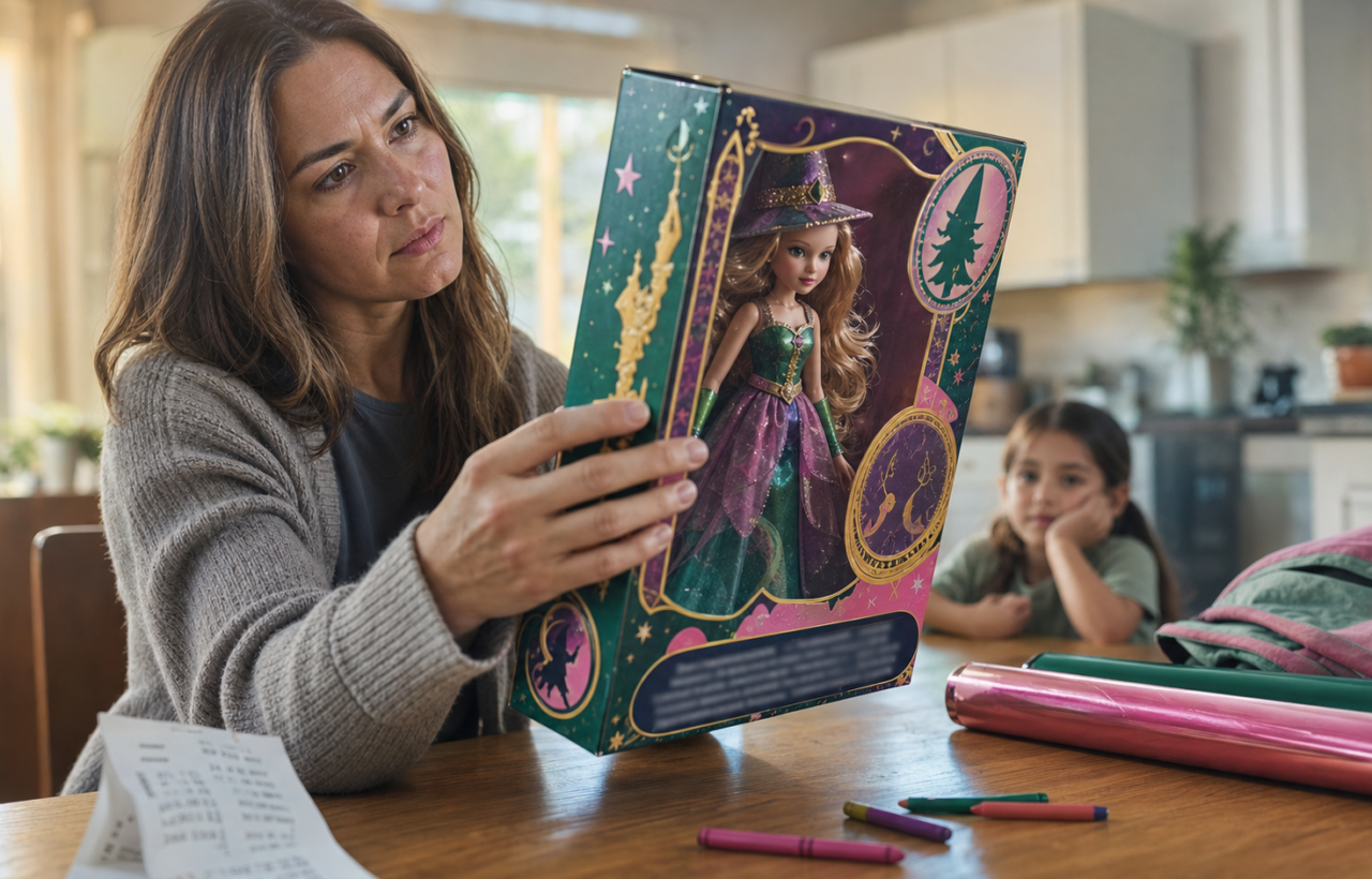 Concerned parent examines a colorful boxed fashion doll while a child waits in the background.