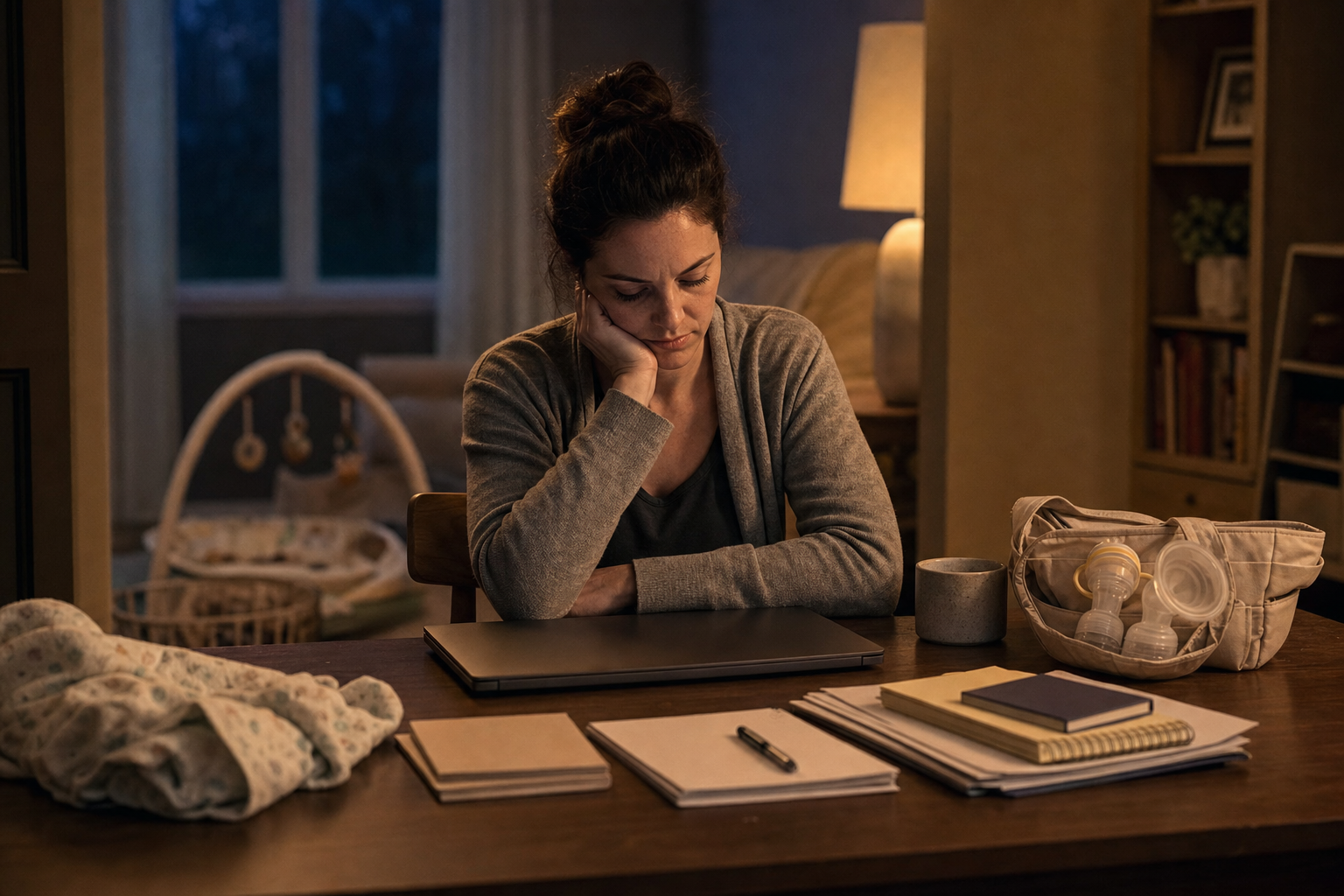 A tired mother sits at a dining table beside a closed laptop and baby items in a dim evening room.