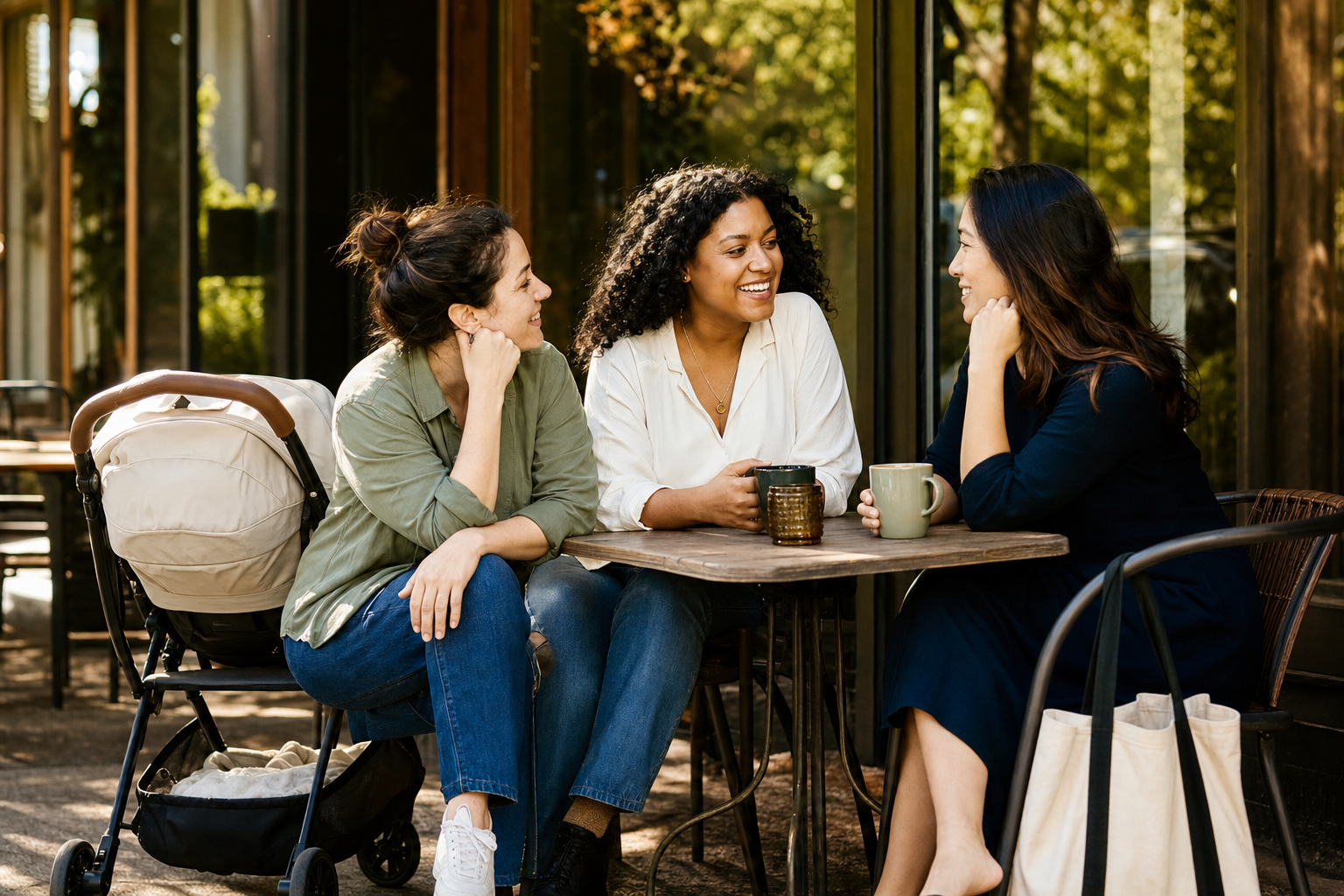 Three women sit together at an outdoor cafe table in close conversation.