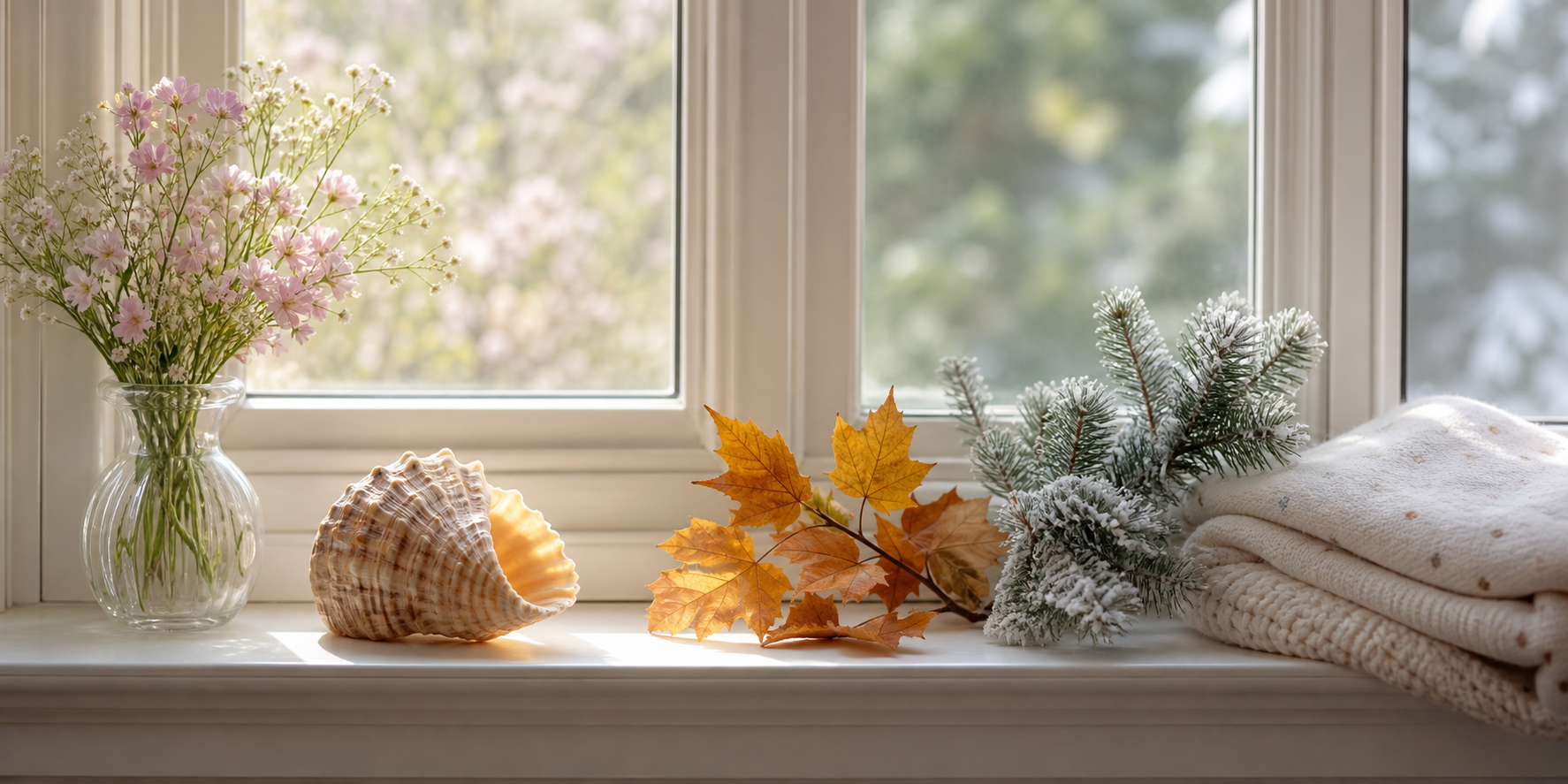A nursery windowsill with spring flowers, a seashell, autumn leaves, and pine beside a folded baby blanket.