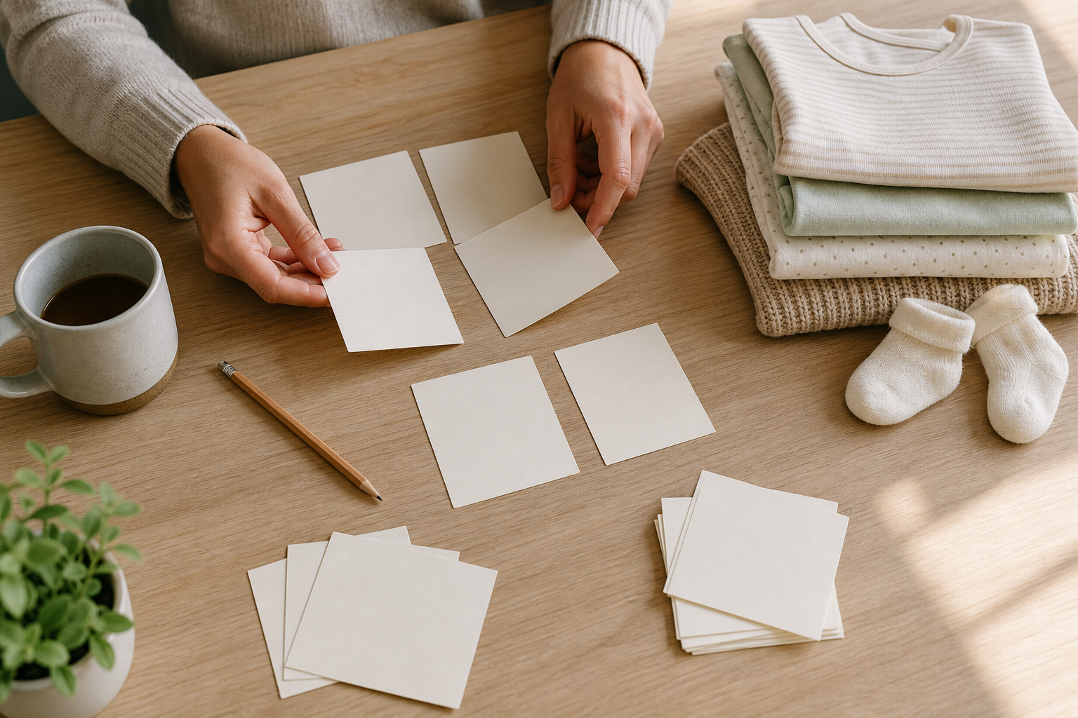 Hands arrange blank cards on a table near baby clothes, a pencil, and a mug.