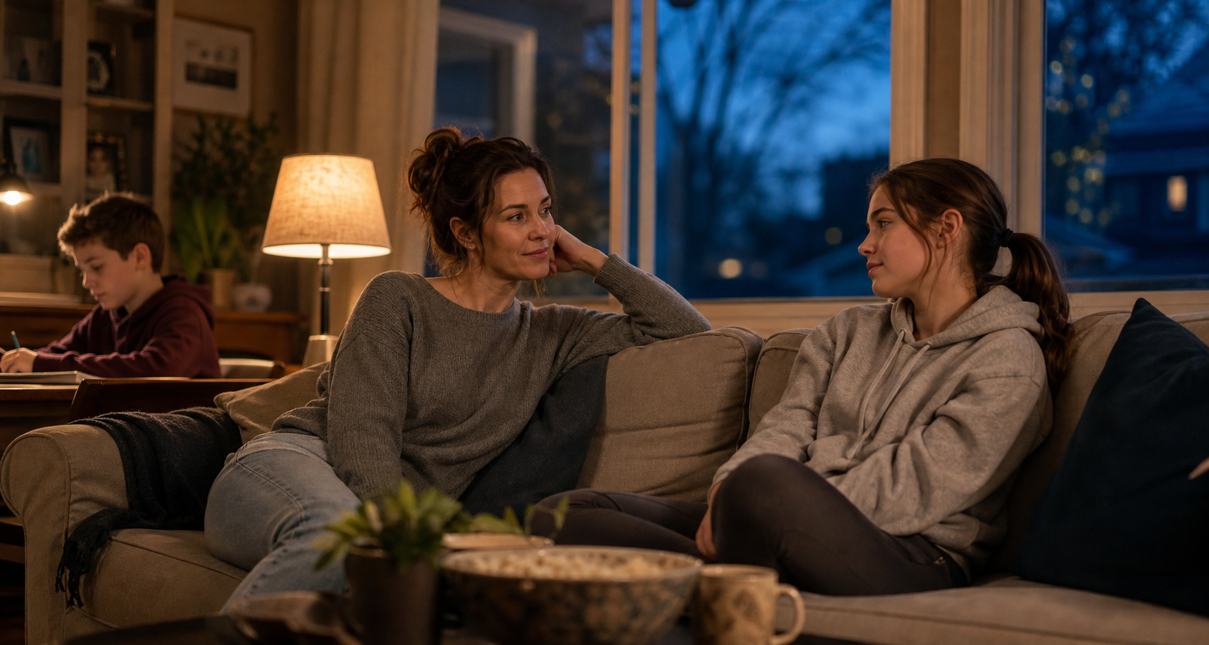 A mother and teenage child sit quietly near each other in a living room while another child plays independently in the background.