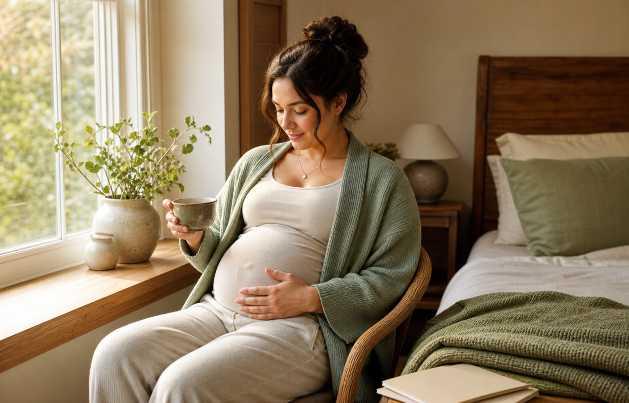 Pregnant person seated by a window with a hand on their belly in a calm bedroom setting.