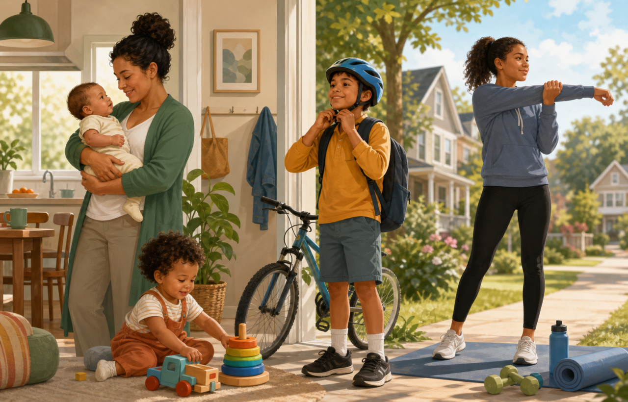 A family scene showing an infant, toddler, school-age child, and teenager in everyday health and safety moments.