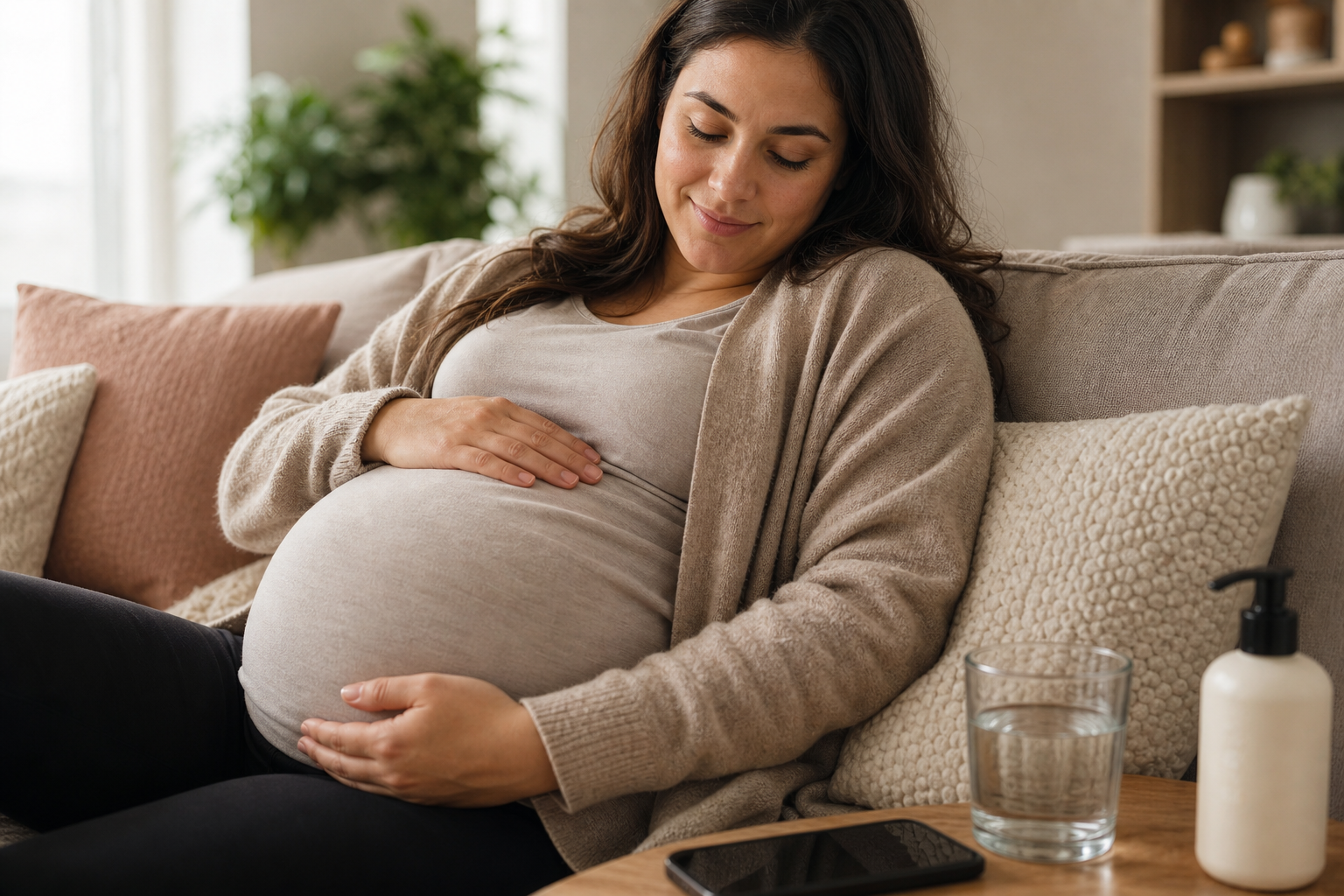 Pregnant person resting on a sofa with pillows, water, lotion, and a phone nearby.