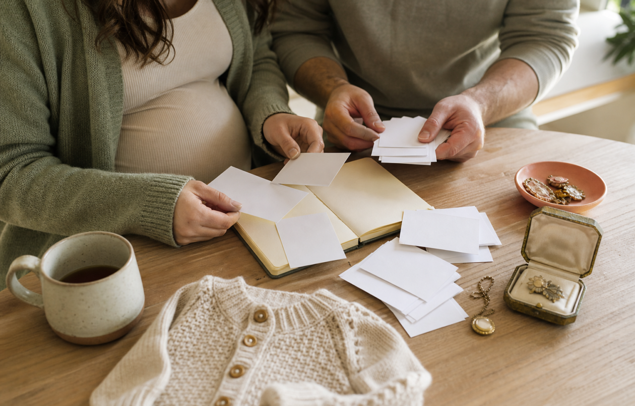 Expectant parents sit at a sunlit table with blank paper slips, baby clothing, and family keepsakes.